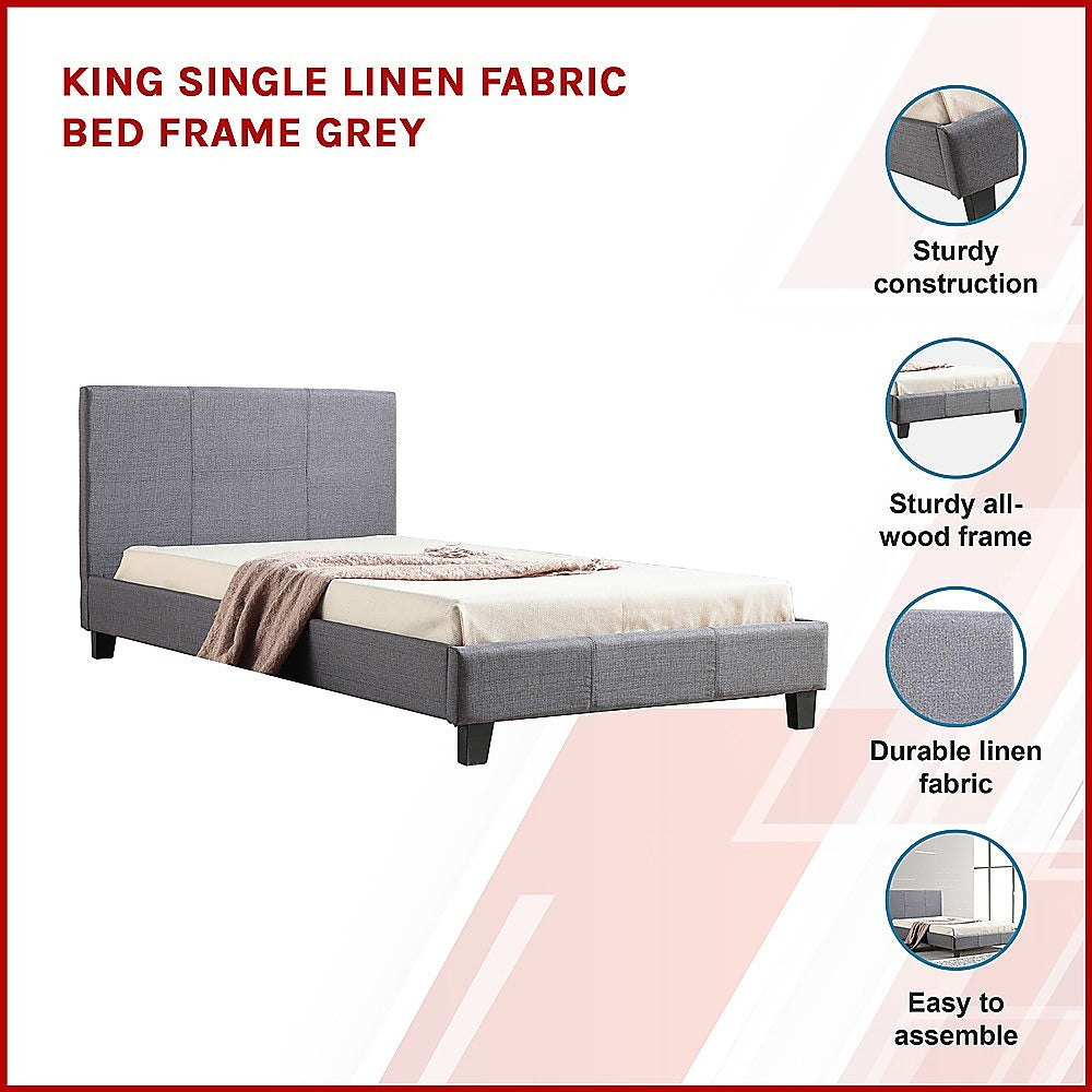 King Single Linen Fabric Bed Frame Grey-Furniture &gt; Bedroom-PEROZ Accessories