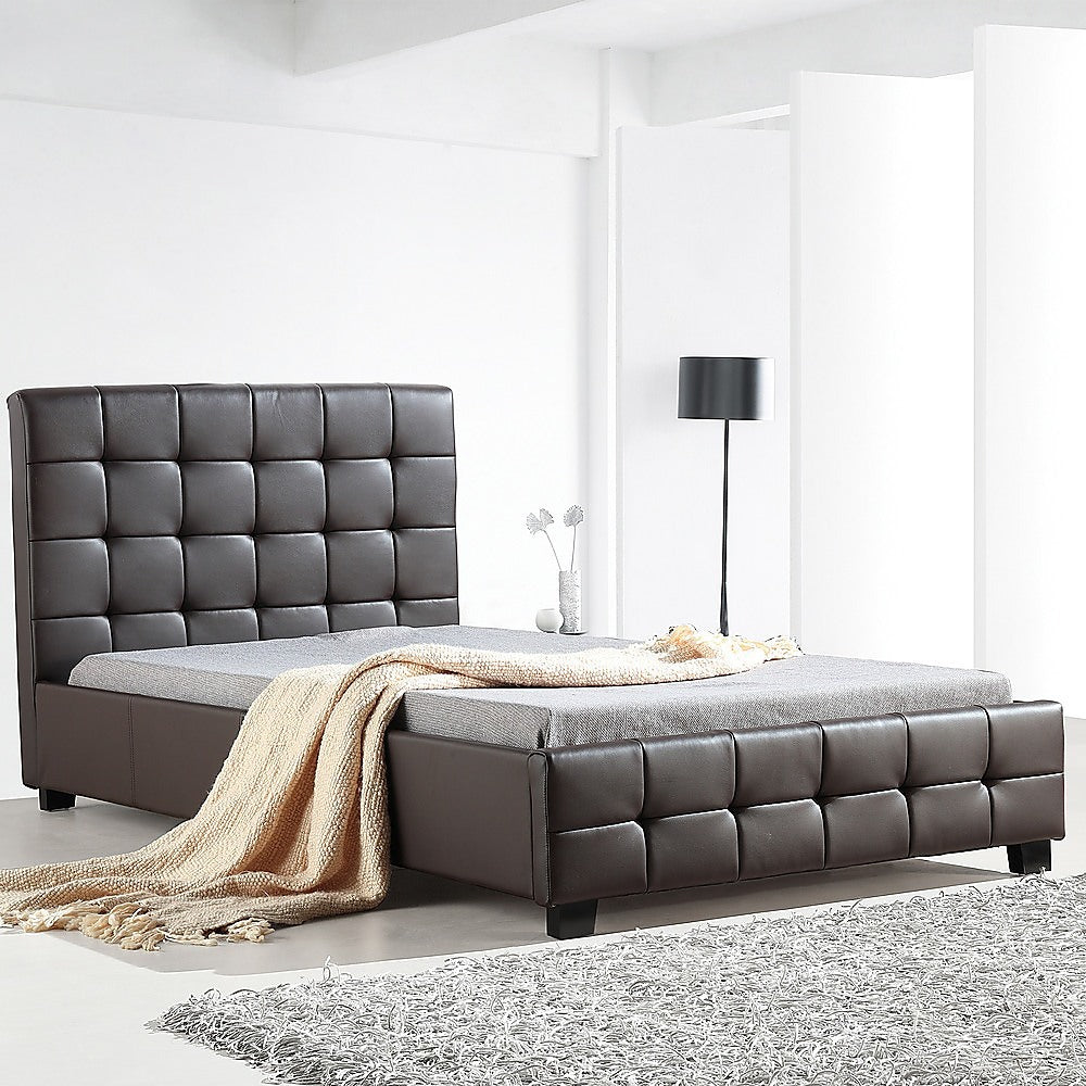 King Single PU Leather Deluxe Bed Frame Brown-Furniture &gt; Bedroom-PEROZ Accessories