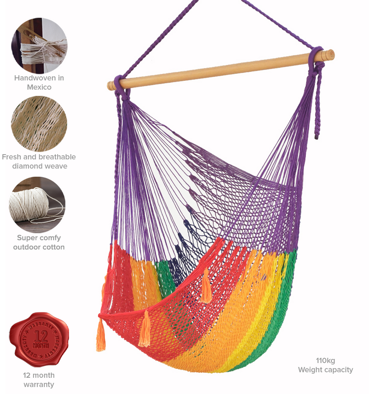 Mayan Legacy Extra Large Outdoor Cotton Mexican Hammock Chair in Rainbow Colour-Hammock-PEROZ Accessories