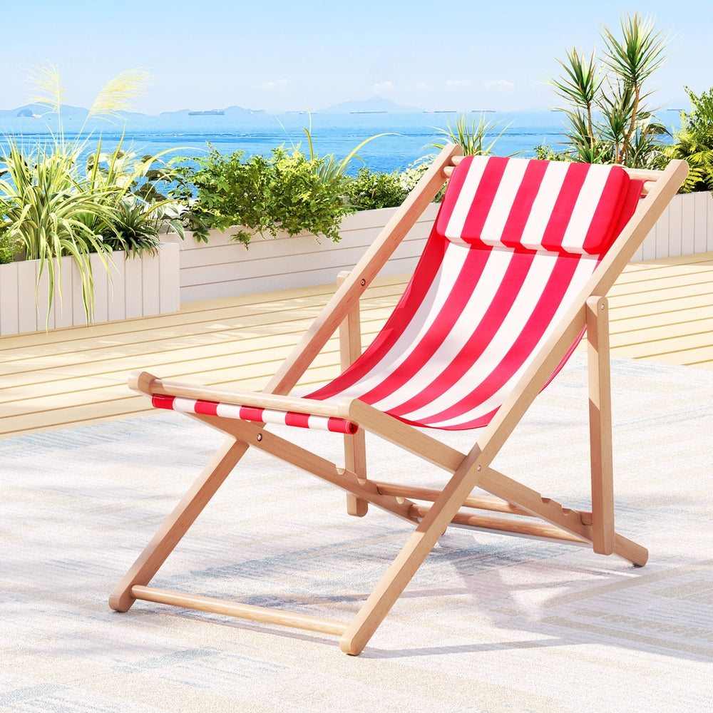 Gardeon Outdoor Deck Chair Wooden Sun Lounge Folding Beach Patio Furniture Red-Sun Lounges-PEROZ Accessories