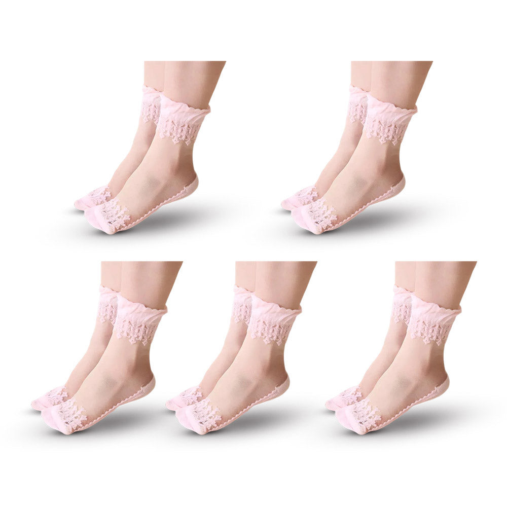 Anysox 5 Pairs Size 5-9 Fashion Socks Summer Lace Embroidery Breathable Silk Transparent Glass Crystal Stretch for Women Pink-Socks-PEROZ Accessories