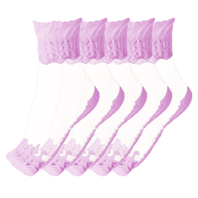 Anysox 5 Pairs Size 5-9 Fashion Socks Summer Lace Embroidery Breathable Silk Transparent Glass Crystal Stretch for Women Purple-Socks-PEROZ Accessories