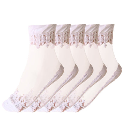 Anysox 5 Pairs Size 5-9 Fashion Socks Summer Lace Embroidery Breathable Silk Transparent Glass Crystal Stretch for Women White-Socks-PEROZ Accessories