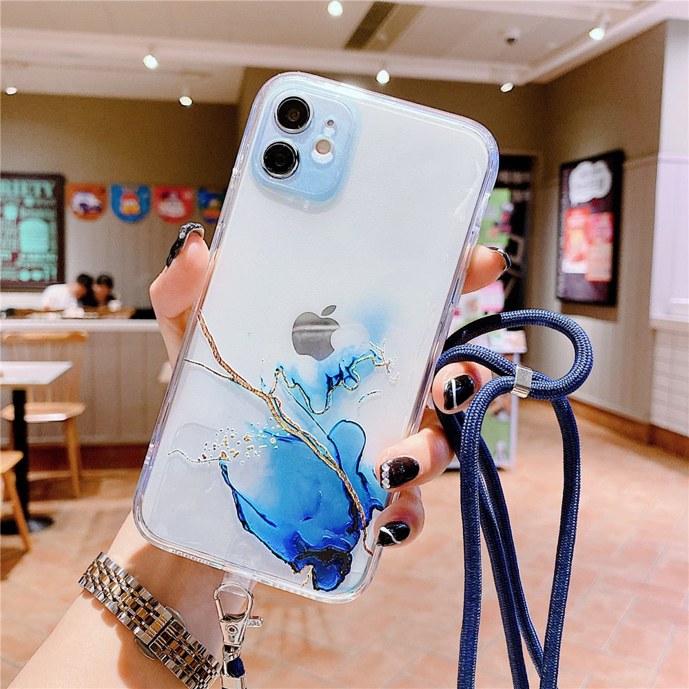 Anymob iPhone Case Blue Watercolor Pink Marble Soft Silicone Cover With Straps-Mobile Phone Cases-PEROZ Accessories