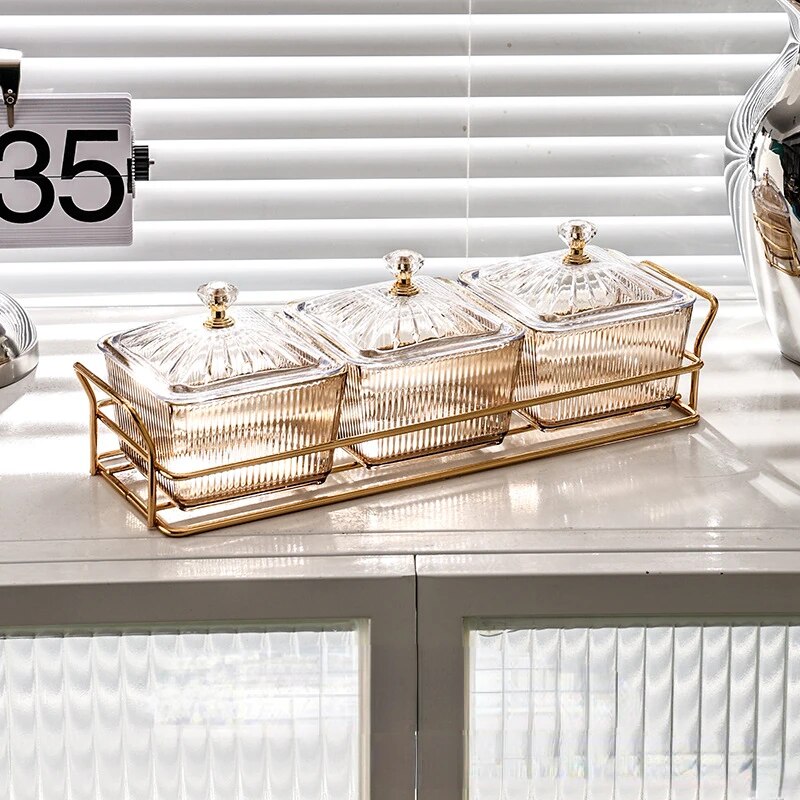 Anygleam Food Container Amber 3 Grids Fruit Plate Partition Platter Snack Storage Box Bar Nut Snack Dish Serving Tray-Food Storage-PEROZ Accessories