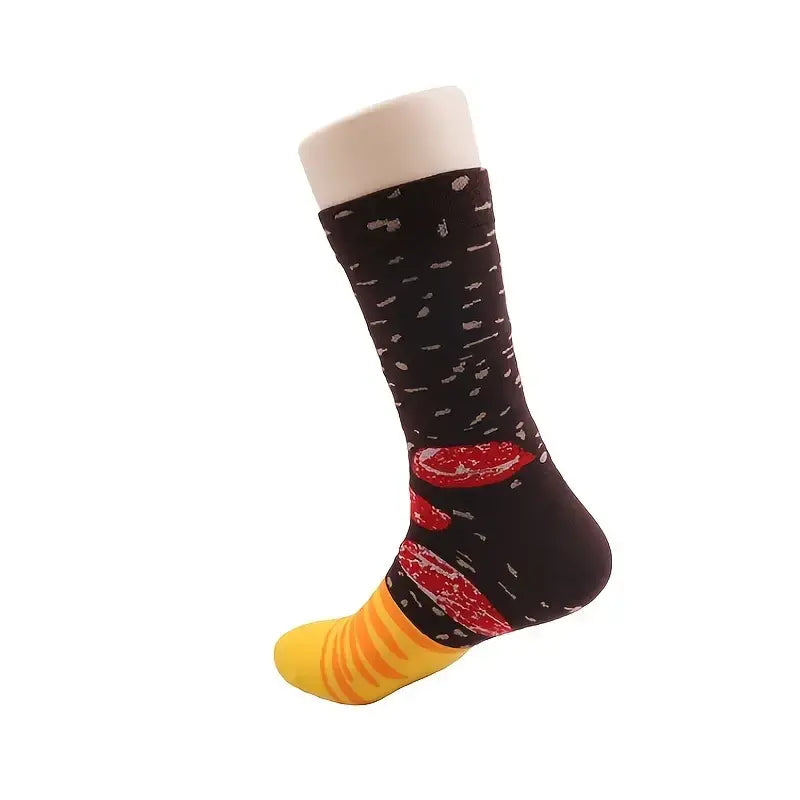 Anysox 3 Pairs Multi-color Black Size 5-11 Fashion Socks With Pizza Sushi Design Happy Harajuku Skate Cotton Comfortable To Wear Christmas Gift-Socks-PEROZ Accessories