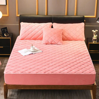 Anyhouz Mattress Cover Pink Double Size Crystal Velvet Thicken Quilted Warm Soft Plush Bed Sheet-Bed Sheets-PEROZ Accessories