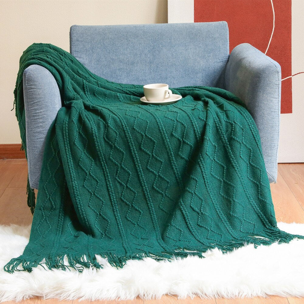 Anyhouz Sky Blue Throw Blanket Faux Cashmere Sofa Cover Vertical Bar Diamond Knit Plaid Tassels Blanket for Spring Summer 130*180cm-Blankets-PEROZ Accessories