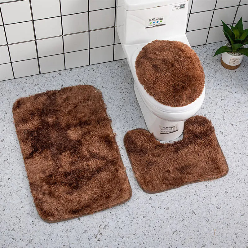 Anyhouz Bath Mat 3pc Coffee Brown Bathroom Silk Tie-Dye Toilet Soft Non Slip Rug Shower Carpets Toilet Lid Cover Floor Mats for Hallway-Bathroom Rugs-PEROZ Accessories