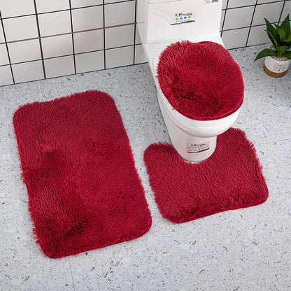 Anyhouz Bath Mat 3pc Burgundy Bathroom Silk Tie-Dye Toilet Soft Non Slip Rug Shower Carpets Toilet Lid Cover Floor Mats for Hallway-Bathroom Rugs-PEROZ Accessories