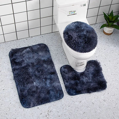 Anyhouz Bath Mat 3pc Navy Blue Bathroom Silk Tie-Dye Toilet Soft Non Slip Rug Shower Carpets Toilet Lid Cover Floor Mats for Hallway-Bathroom Rugs-PEROZ Accessories