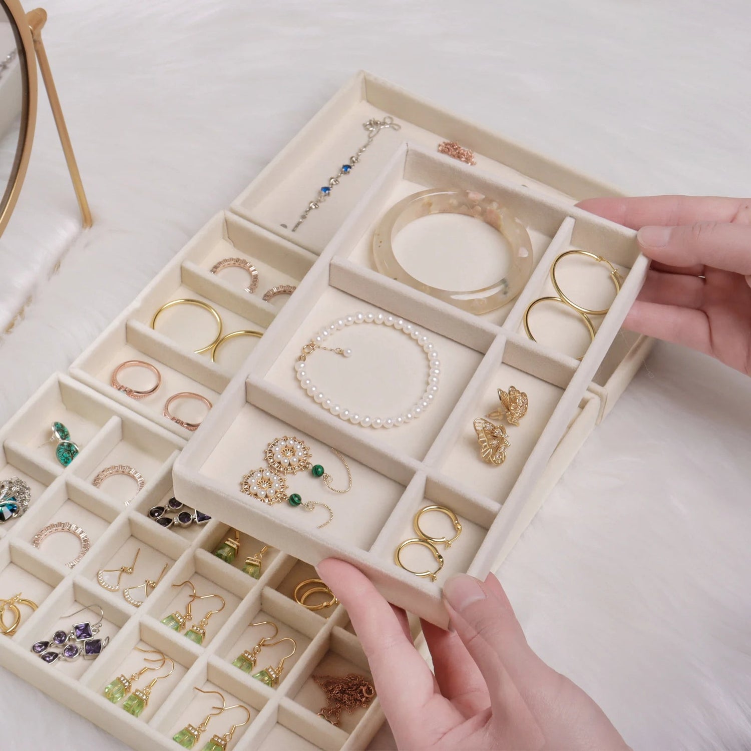 Anyhouz Jewelry Storage Beige Design G Display Tray Drawer Storage Jewellery Holder For Ring Earrings Necklace Bracelet-Jewellery Holders &amp; Organisers-PEROZ Accessories