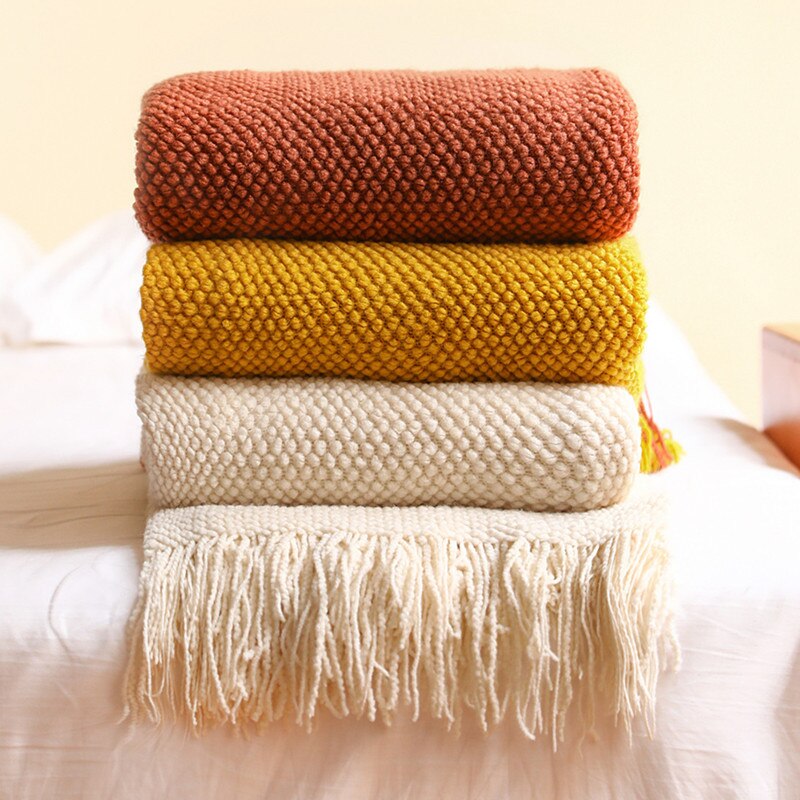 Anyhouz 130*230cm Yellow Blanket Home Decorative Thickened Knitted Corn Grain Waffle Embossed Winter Warm Tassels Throw Bedspread-Blankets-PEROZ Accessories