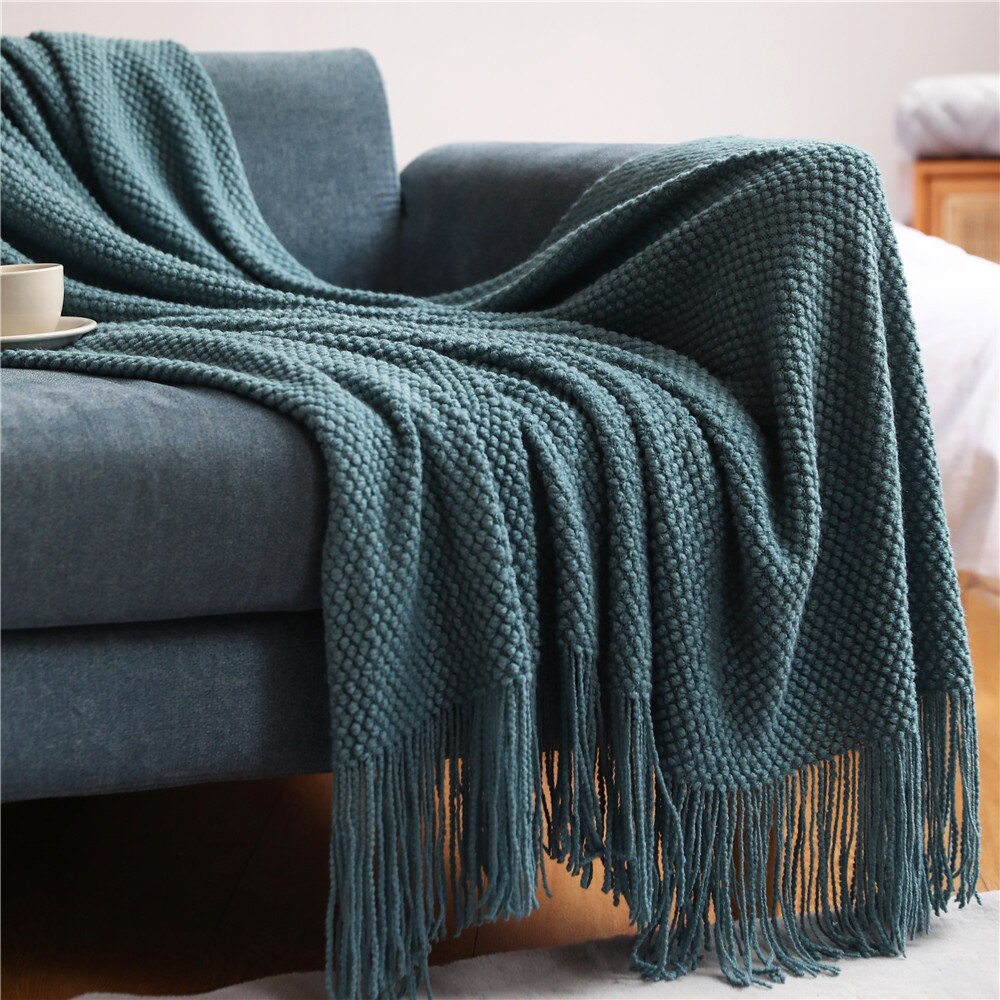 Anyhouz 130*230cm Khaki Blanket Home Decorative Thickened Knitted Corn Grain Waffle Embossed Winter Warm Tassels Throw Bedspread-Blankets-PEROZ Accessories