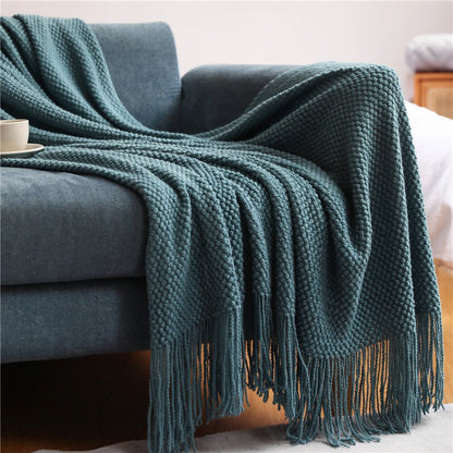 Anyhouz 127*172cm Pink Blanket Home Decorative Thickened Knitted Corn Grain Waffle Embossed Winter Warm Tassels Throw Bedspread-Blankets-PEROZ Accessories