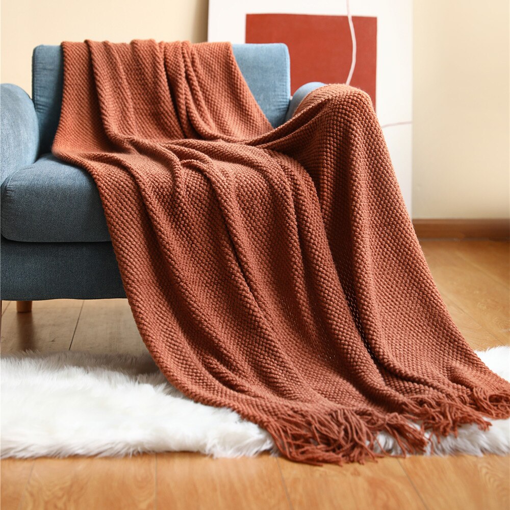 Anyhouz 127*172cm Pink Blanket Home Decorative Thickened Knitted Corn Grain Waffle Embossed Winter Warm Tassels Throw Bedspread-Blankets-PEROZ Accessories