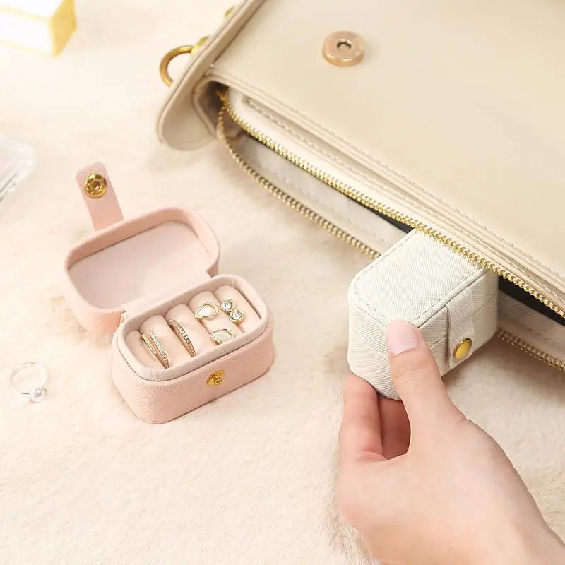 Anyhouz Jewelry Storage Mini Ring Box Portable 1pc Beige Organizer Display Travel Simple Mini Gift Case Boxes Leather Earring Necklace Holder-Jewellery Holders &amp; Organisers-PEROZ Accessories