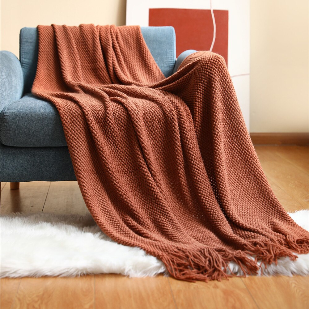 Anyhouz 130*230cm Red Blanket Home Decorative Thickened Knitted Corn Grain Waffle Embossed Winter Warm Tassels Throw Bedspread-Blankets-PEROZ Accessories
