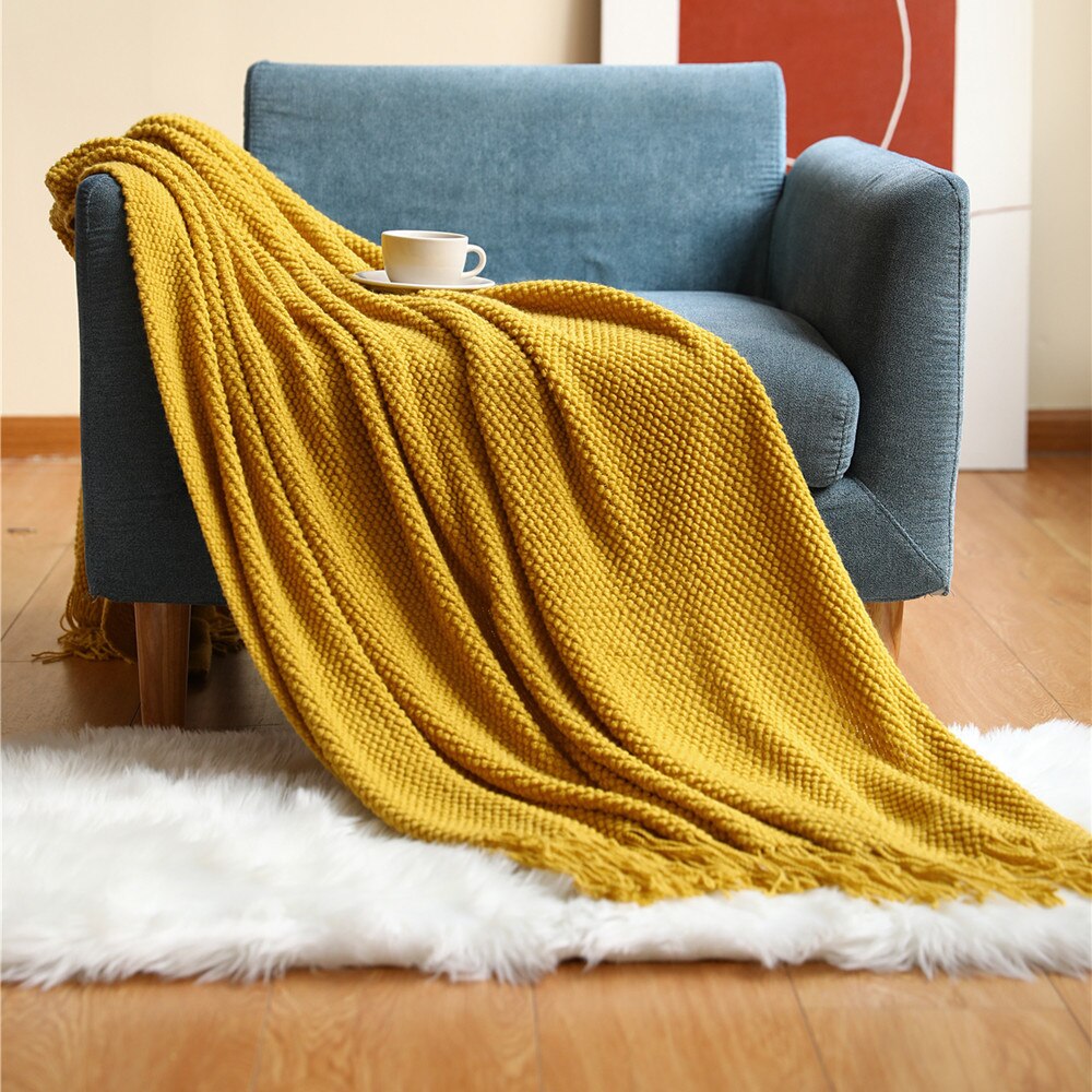 Anyhouz 130*230cm Yellow Blanket Home Decorative Thickened Knitted Corn Grain Waffle Embossed Winter Warm Tassels Throw Bedspread-Blankets-PEROZ Accessories