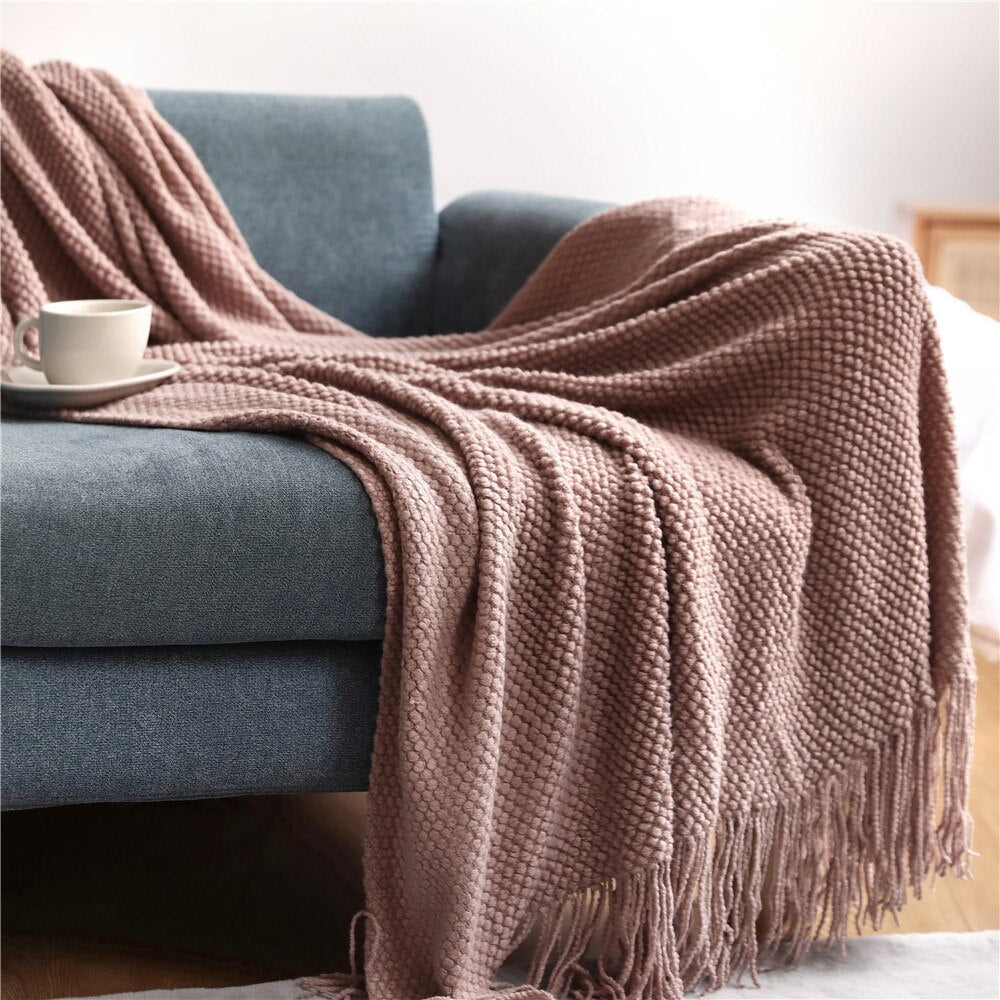 Anyhouz 130*230cm Pink Blanket Home Decorative Thickened Knitted Corn Grain Waffle Embossed Winter Warm Tassels Throw Bedspread-Blankets-PEROZ Accessories