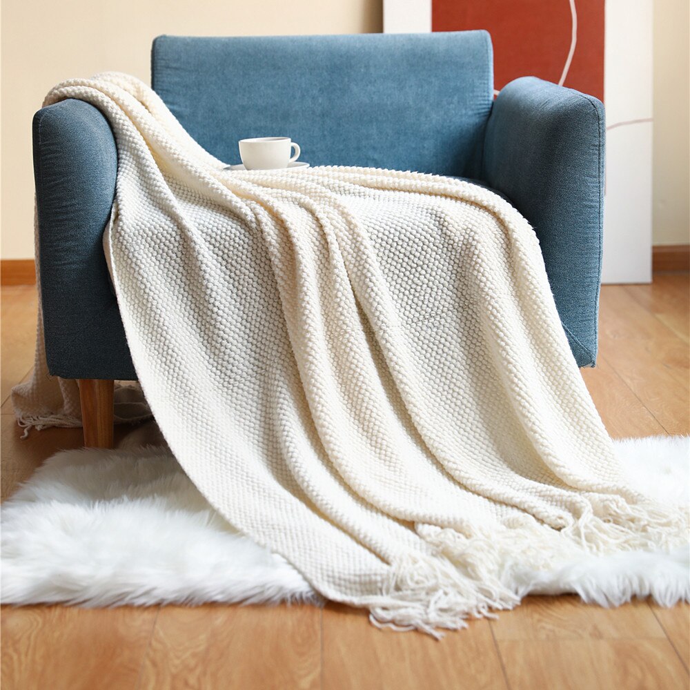 Anyhouz 130*230cm White Blanket Home Decorative Thickened Knitted Corn Grain Waffle Embossed Winter Warm Tassels Throw Bedspread-Blankets-PEROZ Accessories