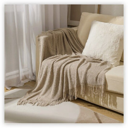 Anyhouz 127*172cm Khaki Blanket Home Decorative Thickened Knitted Corn Grain Waffle Embossed Winter Warm Tassels Throw Bedspread-Blankets-PEROZ Accessories