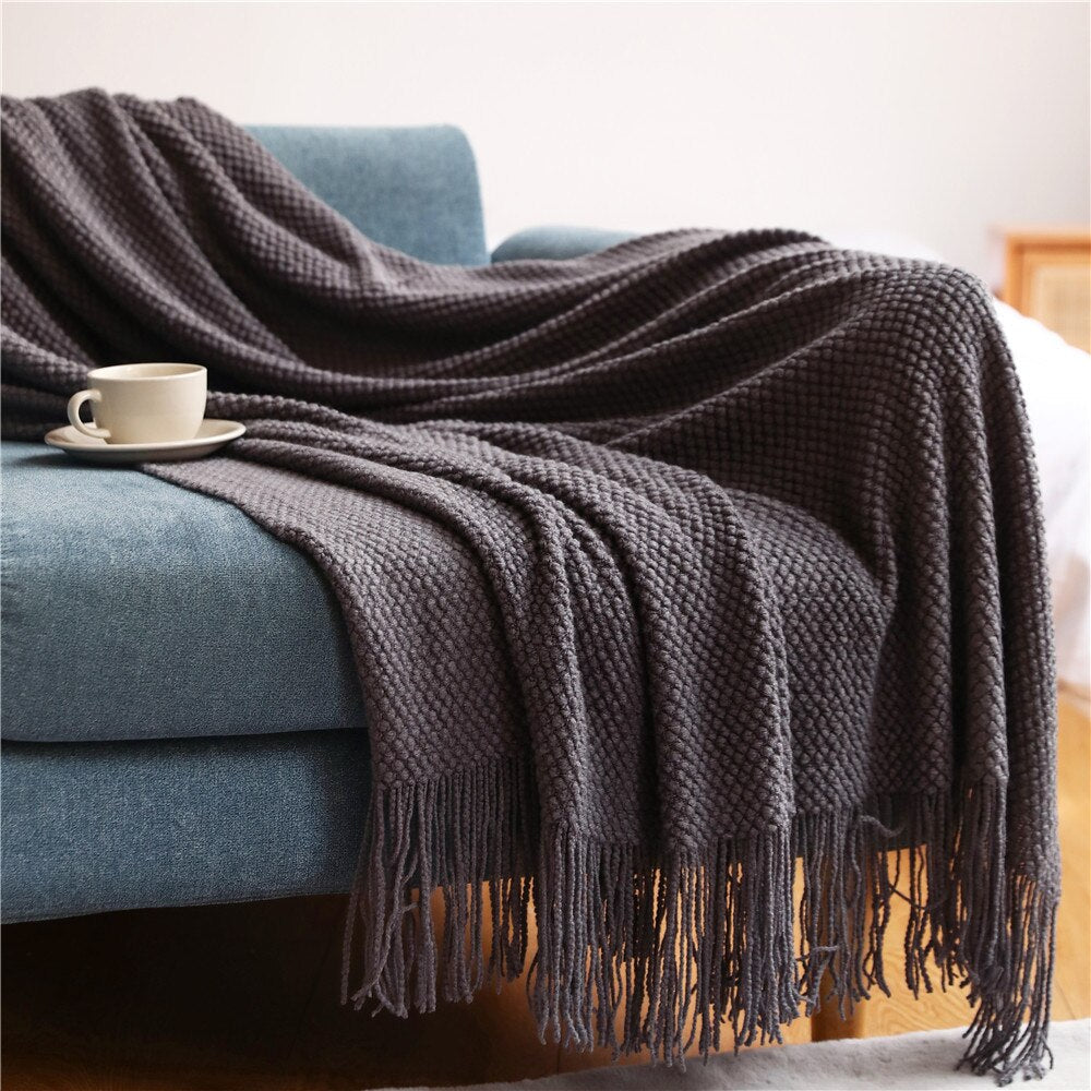 Anyhouz 127*172cm Dark Gray Blanket Home Decorative Thickened Knitted Corn Grain Waffle Embossed Winter Warm Tassels Throw Bedspread-Blankets-PEROZ Accessories