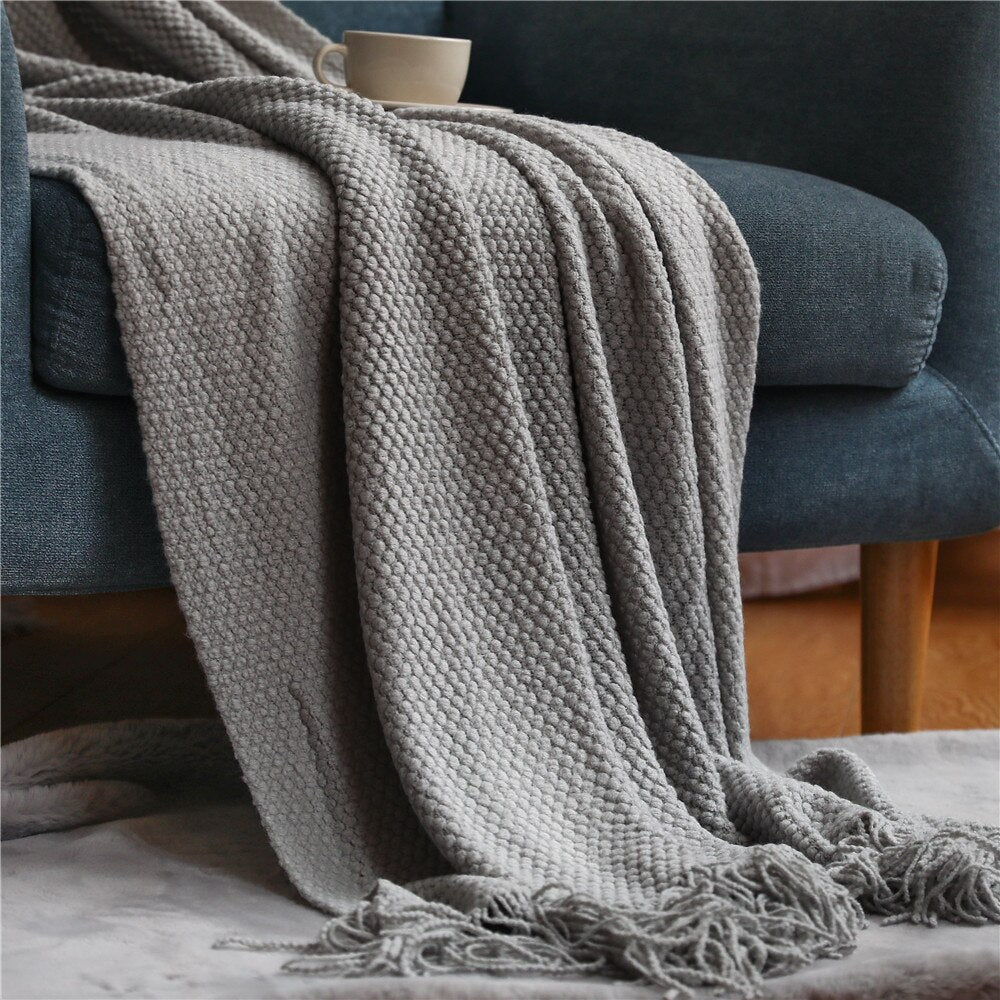 Anyhouz 130*230cm Light Gray Blanket Home Decorative Thickened Knitted Corn Grain Waffle Embossed Winter Warm Tassels Throw Bedspread-Blankets-PEROZ Accessories