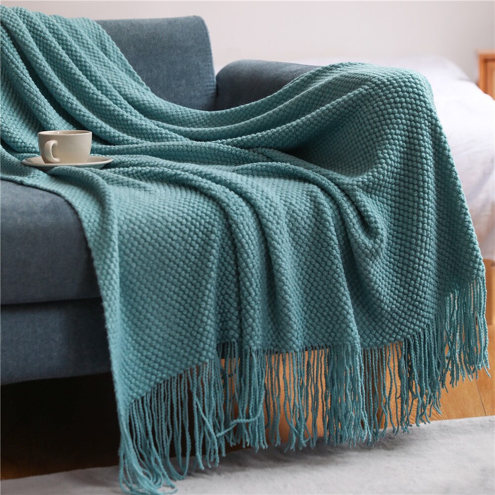 Anyhouz 130*230cm Light Green Blanket Home Decorative Thickened Knitted Corn Grain Waffle Embossed Winter Warm Tassels Throw Bedspread-Blankets-PEROZ Accessories