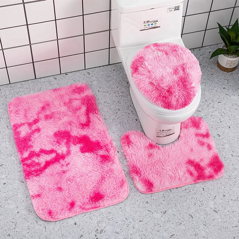 Anyhouz Bath Mat 3pc Rose Pink Bathroom Silk Tie-Dye Toilet Soft Non Slip Rug Shower Carpets Toilet Lid Cover Floor Mats for Hallway-Bathroom Rugs-PEROZ Accessories