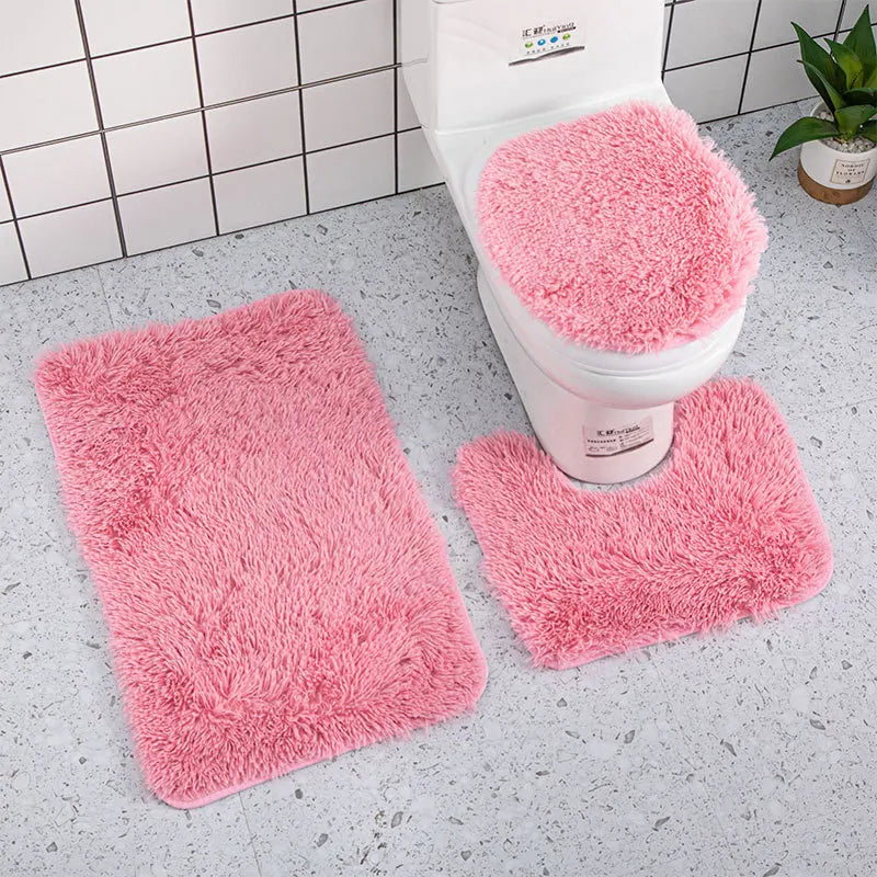 Anyhouz Bath Mat 3pc Pink Bathroom Silk Tie-Dye Toilet Soft Non Slip Rug Shower Carpets Toilet Lid Cover Floor Mats for Hallway-Bathroom Rugs-PEROZ Accessories