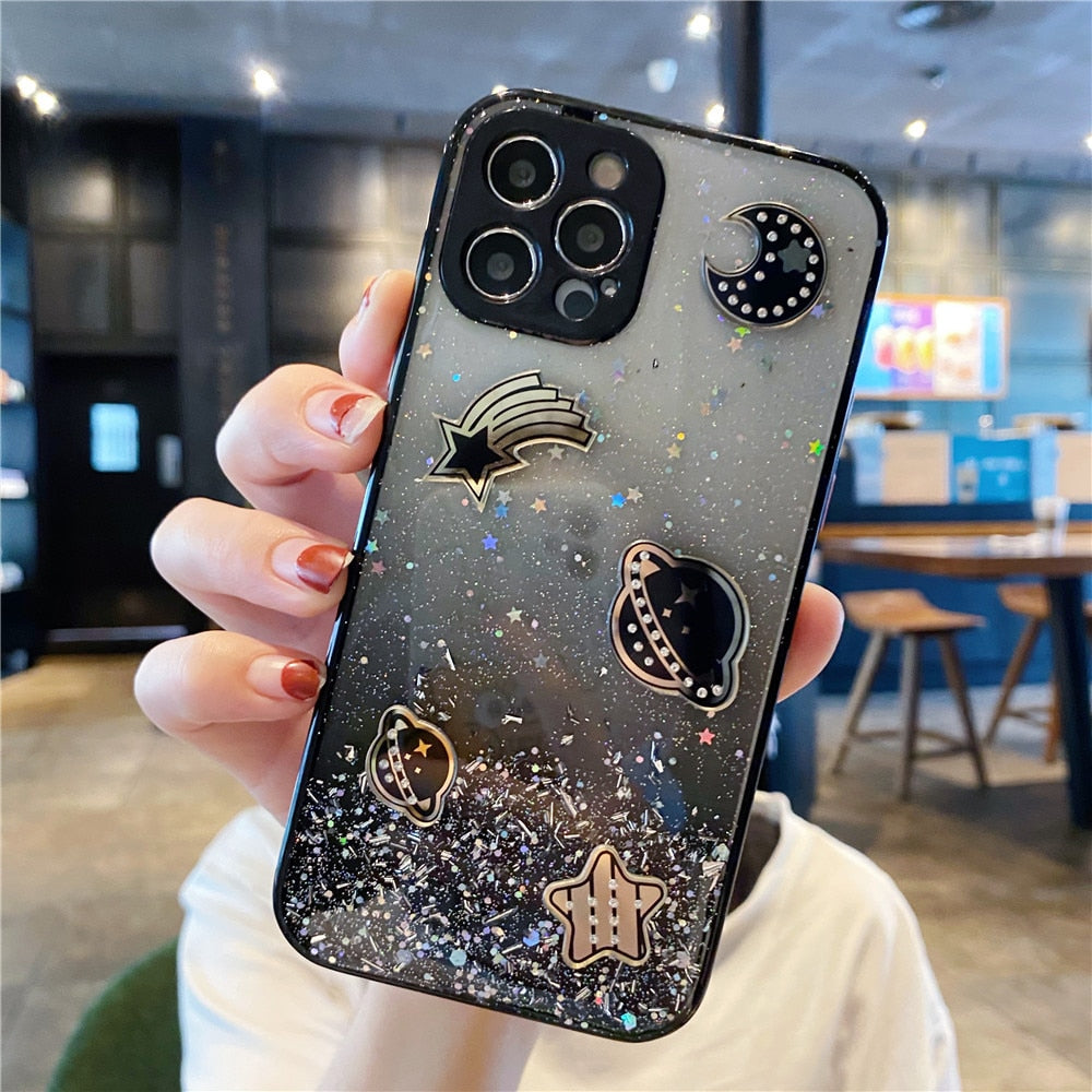 Anymob iPhone Case Black Cartoon Planet Glitter Soft Silicon Cover-Mobile Phone Cases-PEROZ Accessories