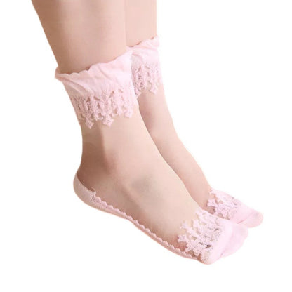 Anysox 5 Pairs Size 5-9 Fashion Socks Summer Lace Embroidery Breathable Silk Transparent Glass Crystal Stretch for Women Pink-Socks-PEROZ Accessories