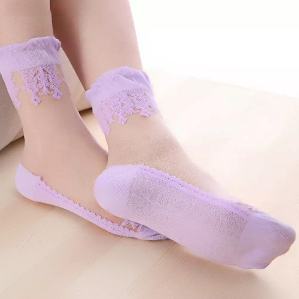 Anysox 5 Pairs Size 5-9 Fashion Socks Summer Lace Embroidery Breathable Silk Transparent Glass Crystal Stretch for Women Purple-Socks-PEROZ Accessories