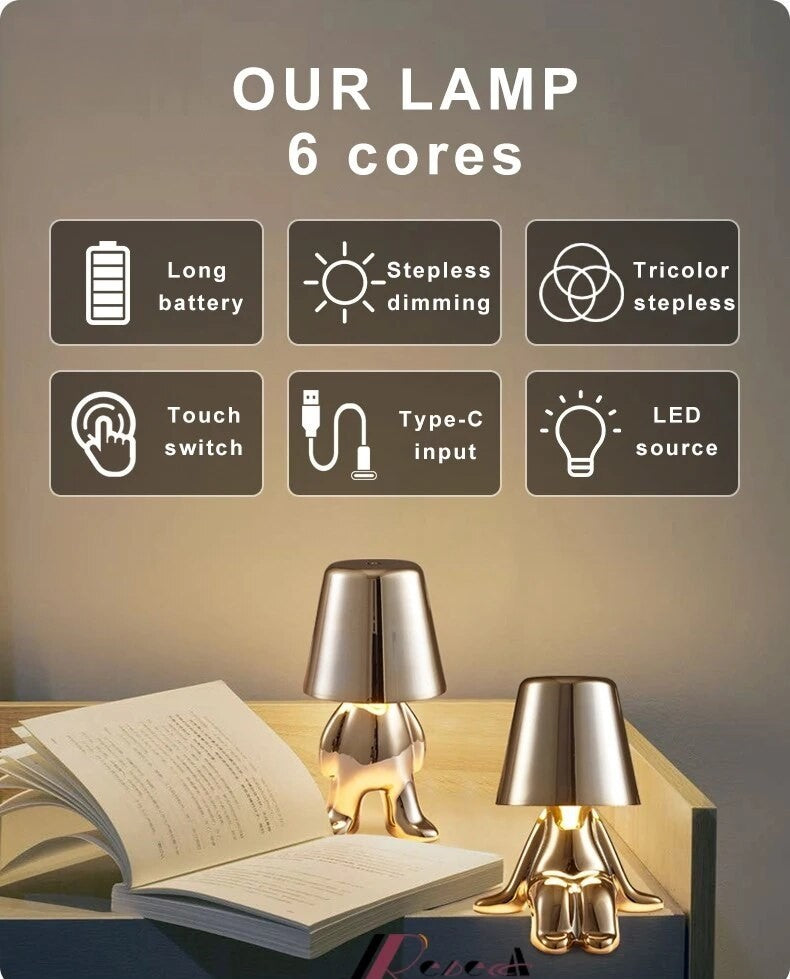 Anyhouz Hotel Lightning Lamp Rechargeable Silver Little Man Thinking Position Table Lamps Touch Switch Decoration Led Night Light-Table Lamps-PEROZ Accessories