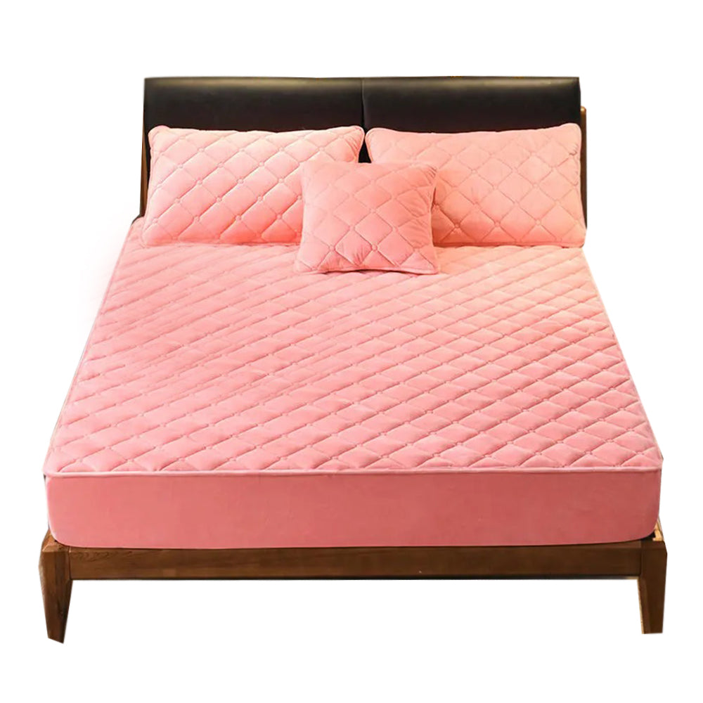 Anyhouz Mattress Cover Pink Double Size Crystal Velvet Thicken Quilted Warm Soft Plush Bed Sheet-Bed Sheets-PEROZ Accessories