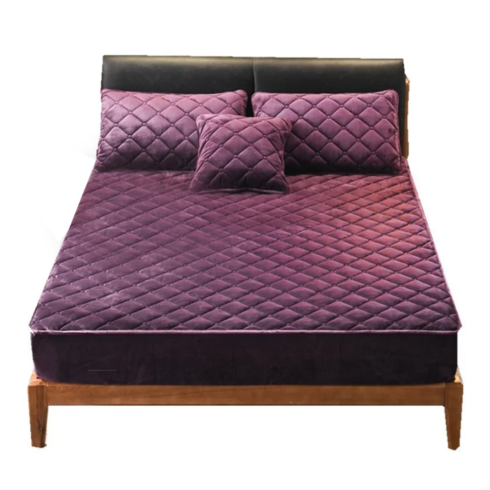 Anyhouz Mattress Cover Dark Purple King Size Crystal Velvet Thicken Quilted Warm Soft Plush Bed Sheet-Bed Sheets-PEROZ Accessories