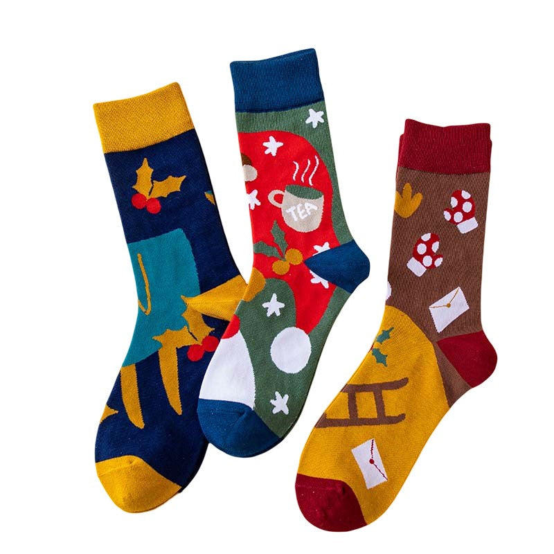 Anysox 3 Pairs One Size 4-5 Art Holiday Socks Fashion Combed Cotton Gift Party Happy Funny Socks-Socks-PEROZ Accessories