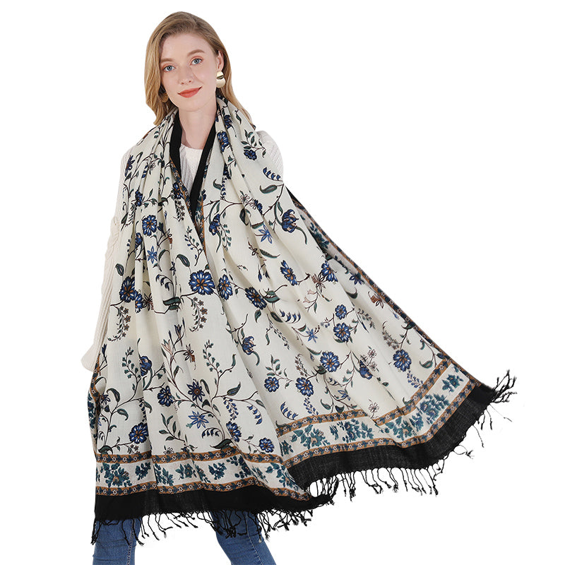 Anyyou 100% Merino Wool Blue Flower Design Silk Satin Large Winter Scarf Pashmina Shawl Bandana Perfect For Women Ladies Fashion Style-Scarves-PEROZ Accessories