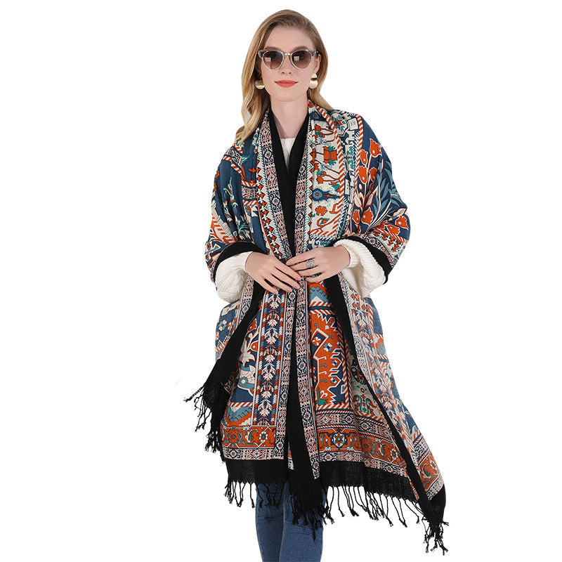 Anyyou 100% Merino Wool Blue Black And Orange Silk Satin Large Winter Scarf Pashmina Shawl Bandana Perfect For Women Ladies Fashion Style-Scarves-PEROZ Accessories